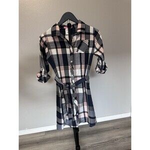 h.i.p. Girls Plaid Tunic Shirt Size 12 Navy Pink Gray Belted Long Sleeve